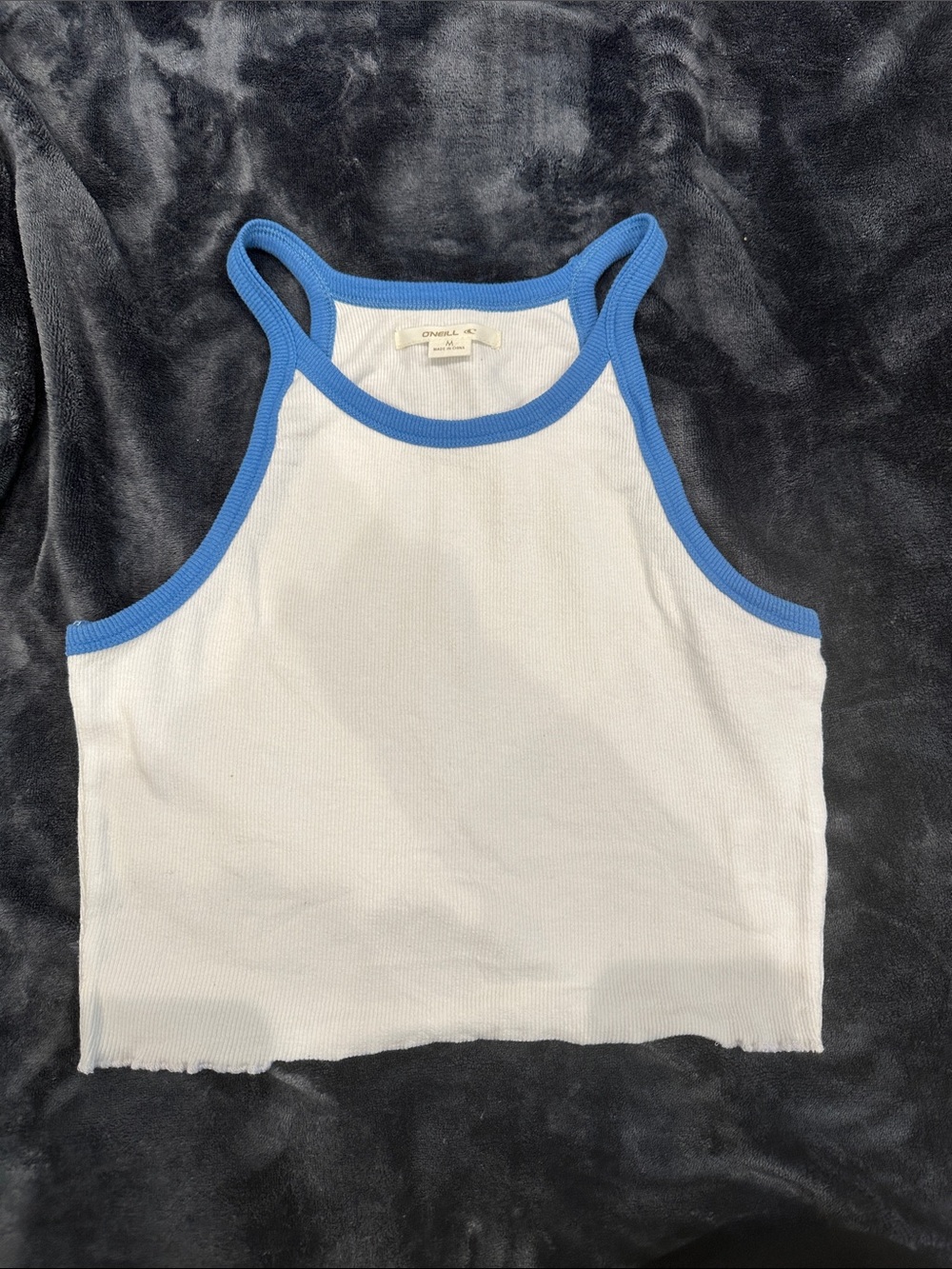 O'Neill White Ribbed Crop Tank with Blue Trim